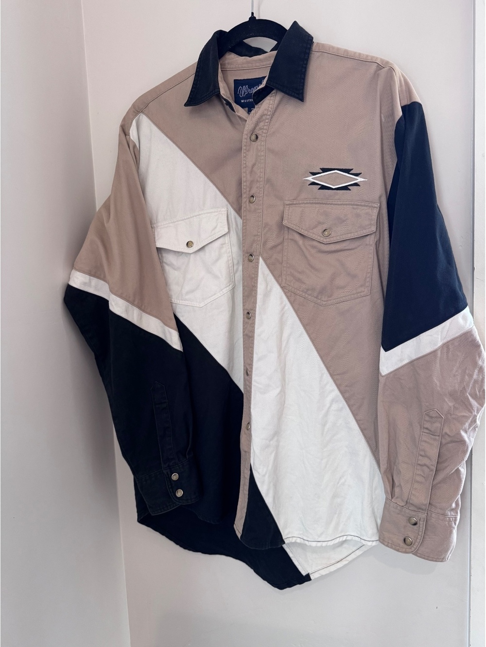 Vintage 90s Wrangler Western Shirt Men’s S Colorblock Aztec Pearl Snap Cowboy